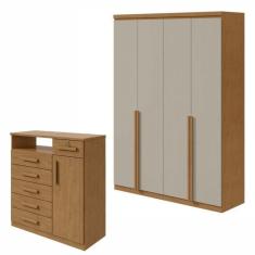 Conjunto de Guarda-Roupa Alonzo e Cômoda Da Vinci com Nicho Amêndoa Clean/Off White
