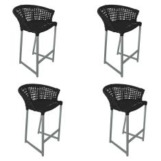 Kit 4 Banquetas Reis em Corda Náutica e Base em Alumínio Cinza para Área Gourmet - Externa Preta