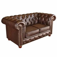 Sofá 2 Lugares Sala de Estar Chesterfield Pés Madeira Couro Tabaco Brilho - Gran Belo