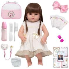 Boneca Reborn Baby 46cm Olhos Castanhos Diversos Acessórios - Cegonha 