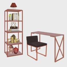 Kit Escritório Bex 1 Cadeira Suede Marrom com 1 Mesa e 1 Livreiro Ferro Bronze mdf Rose Rosa - Ahazzo Móveis