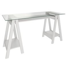 Mesa Escrivaninha 150cm Pés Cavalete Tampo De Vidro Cris A06 Branco - Mpozenato