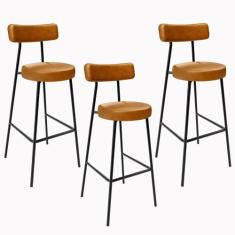 Kit 03 Banquetas Altas Bar Sala De Jantar Estrutura Em Aço Milão F01 S