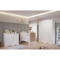 Quarto de Bebê Provençal Berço Capitonê Cômoda 4 Gavetas Guarda Roupa 4 Portas 4 Gavetas Aquarela Espresso Móveis Branco
