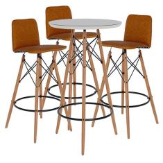 Kit 3 Banquetas Bistrô Gourmet Facto Aço Assento Madeira 77 cm Marrom Off White Imcal Móveis