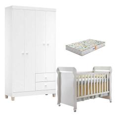 Berço Americano Mirelle Com Colchão Gazin E Guarda Roupa Ternura Baby 4 Portas Branco Flex - Incorplac