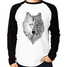 Camiseta Raglan Lobo Mandala Manga Longa - Foca na Moda, Branco, Preto