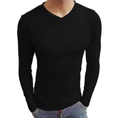 Camiseta Masculina Gola V Rasa Manga Longa cor:preto;tamanho:egg