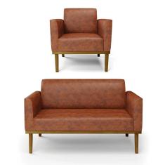 Sofá Namoradeira com Poltrona Base de Madeira Fixa Castanho Marisa Corano - D`Rossi