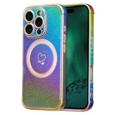 ZTOFERA Capa magnética para telefone 16 Pro 16 cm, linda capa iridescente luxuosa com padrão de corações de amor, borda chapeada proteção de lente de câmera à prova de choque para mulheres e meninas,