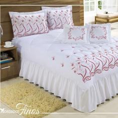 Kit Cobre Leito Casal King Desejos 07 Peças Bordado - Branco com Verme