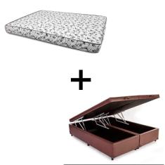 Cama Box Baú Casal 138 Bipartido - Tecido Sintético Marrom Com Colchão Nápoles Bello Box - 100% Espuma - Branco D33 55x138x188