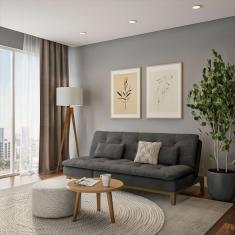 Sofá-Cama 3 Lugares Casal Aurora com Pés de Madeira Suede Cinza