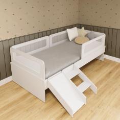 Cama Solteiro Mdf Branco com Escadinha/Escorrega 03 Grades e Cabeceira Telinha Anatômica Mobilistore
