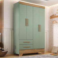 Guarda Roupa Infantil 4 Portas e 2 Gavetas Tic Tac Verde Fosco/Marrom