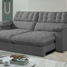 Sofá Retrátil e Reclinável Barcelona 290 cm Veludo com Molas Ensacadas Cinza Cinza