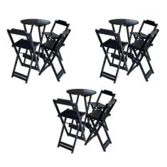 Kit 3 Jogos de Mesa Bistrô de Madeira Dobrável com 3 Banquetas - Preto
