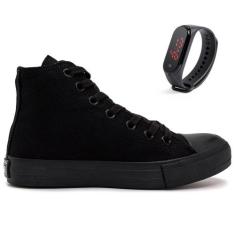 Tênis Cano Alto Masculino E Feminino + Relógio - Star, Preto, Preto, 4