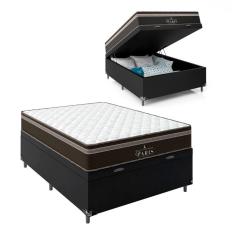 Cama Box Baú Viúva + Colchão Paris Molas Ensacadas - 66x128x188cm - Couro Preto