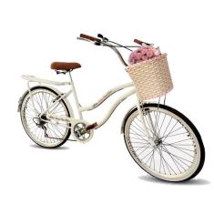 Bicicleta feminina aro 26 com cestinha tipo vime 6v branco