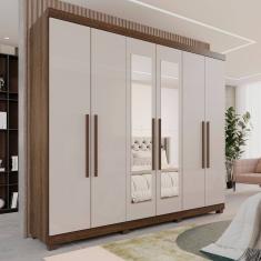 Guarda-roupa Casal 6 Portas 3 Gavetas com Espelho com Pés Roma Espresso Móveis Imbuia/Off White