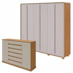 Conjunto de Guarda-roupa Casal Loop 6 Portas com Pése Cômoda Vedra Amêndoa Clean/off White
