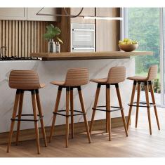 Kit 4 Banquetas Altas Luxo Linea Aço Preto Linho Terracota Base Carvalho 