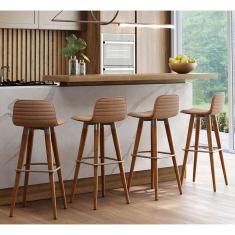Kit 4 Banquetas Altas Luxo Linea Aço Champanhe Linho Terracota Base Carvalho 