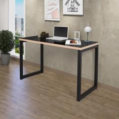 Escrivaninha Industrial 120cm com Tampo de Vidro Preto /Carvalho