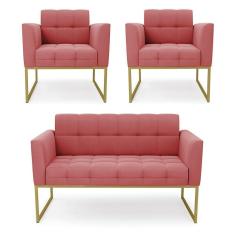 Kit 1 Sofá Namoradeira E 2 Poltronas Elisa Suede Base Metálica Industrial Dourada D`rossi Cor Rose
