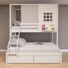 Beliche Casinha Reta Casal/ Solteiro com 02 Gavetas e Cortina Madeira 