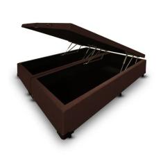 Cama Box Baú King Bipartido Blindado Sintético Marrom Com Pistão A Gás