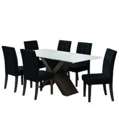 Conjunto De Mesa Para Sala de Jantar Off White Dubai 1,80m MDF com 6 Cadeiras Castanho/Preto