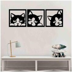 Kit 3 Quadros Decorativos Gato 3Mm Vazado Preto - Mdf - Decoarts