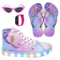 Tênis Botinha Infantil Led Feminino Sereia Casual +Chinelo+Óculos+Reló