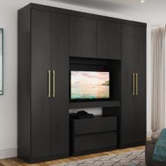Guarda Roupa Solteiro 6 Portas 2 Gavetas Porto Carraro Preto - MÓVEIS 