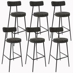 Kit 06 Banquetas Altas Estrutura Em Aço Milão Linho Chumbo