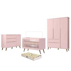 Dormitório Melinda Guarda Roupa, Cômoda e Berço Retrô com Colchão Supreme - Phoenix Baby