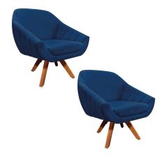 Kit 02 Poltronas Giratória Giovana Azul Marinho Base Madeira