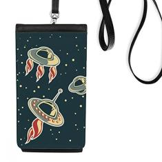 Bolsa estilo carteira para celular com tema de OVNI Art Déco, universo, alienígena, bolso preto