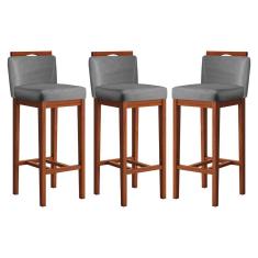 Kit 3 Banquetas Alta com Encosto 38x102 Cm Líbia Madeira Maciça Suede Cinza CCS