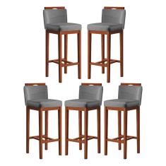 Kit 5 Banquetas Média para Bancada Gourmet 38x92 Cm Líbia Madeira Maciça Suede Cinza CCS