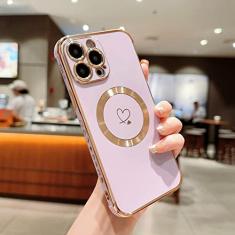 Luxo magnético amor coração caso de telefone para iphone 15 14 13 12 11 pro max plus casos de carregamento sem fio capa, roxo, para iphone 14pro