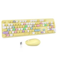 UBOTIE Combos coloridos de teclado sem fio para computador, teclas flexíveis de máquina de escrever, teclado de tamanho completo, conexão sem quedas de 2,4 GHz e mouse óptico