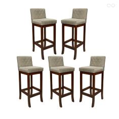 Kit 5 Banquetas Alta para Balcão Tóquio em Madeira Maciça Matelassê Suede Bege CCS
