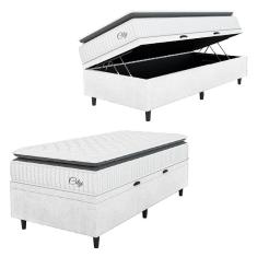 Cama Box Baú Colchão Solteiro Molas Ensacadas City Pillow Top 88x188x64cm Linho Branco / Preto Hellen - Suporta até 110kg por Pessoa