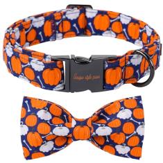 Unique Style Paws Coleira de cachorro de dia das bruxas com laço de abóbora de algodão para cães pequenos, médios e grandes 2024