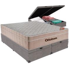 Cama Box Baú Cinza e Colchão Airtech  Molas Ensacadas Queen Ortobom