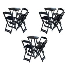 Kit 3 Jogos De Mesa Bistrô De Madeira Dobrável Com 3 Banquetas - Preto