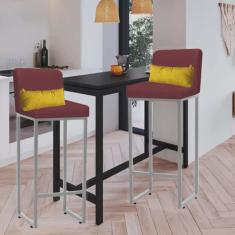 Kit 02 Banqueta Alta com Encosto Lucca Industrial Cozinha Balcão Ferro Cinza Suede Bordô e Almofada Amarelo - Ahazzo Móveis